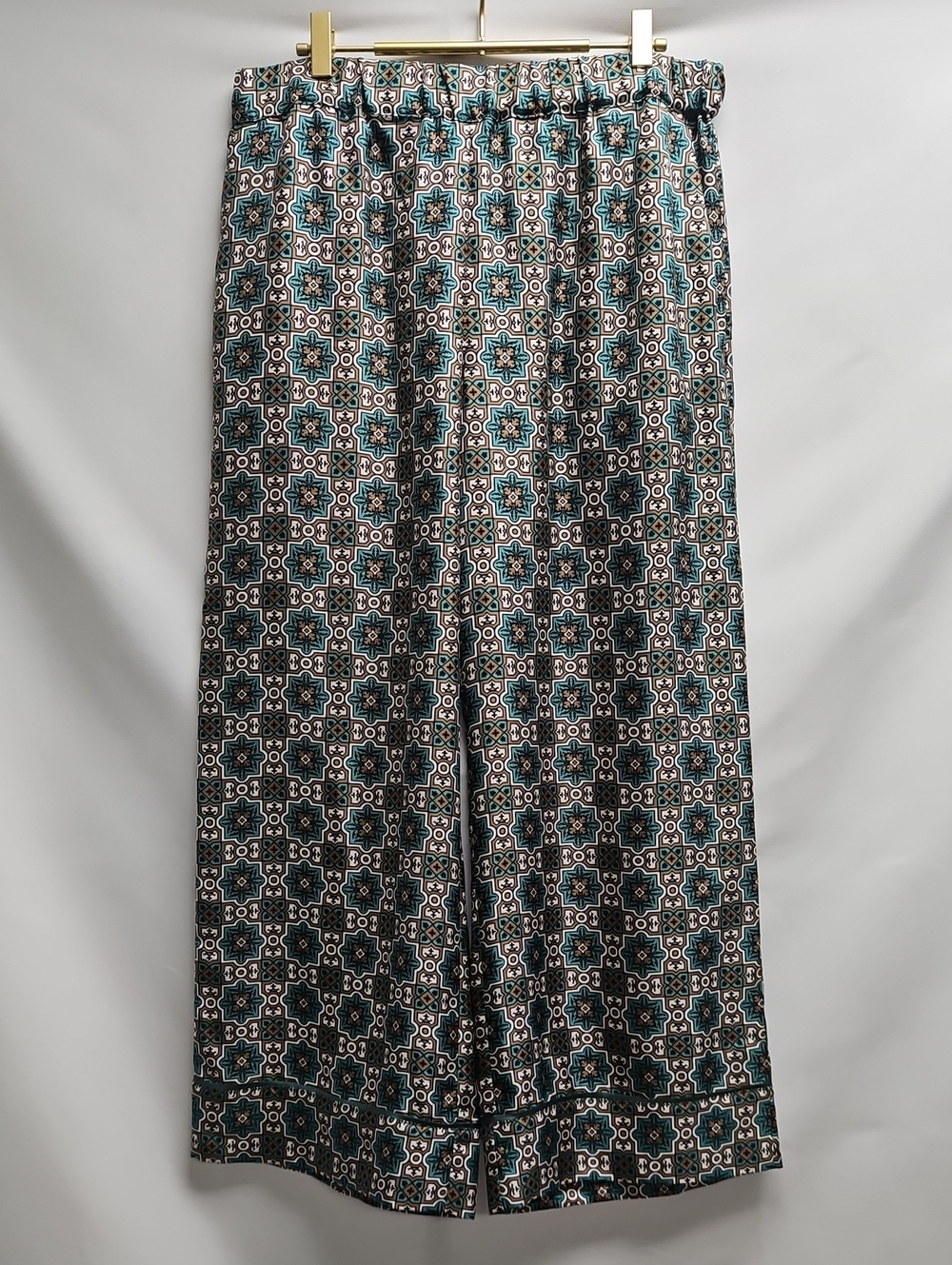 Weekend Max Mara Geometric Print Wide Leg Pants Teal Brown Elastic Waist 12
